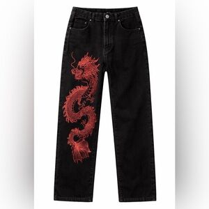 Black Jeans with Red Dragon Design